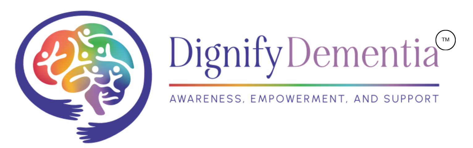 Logo for Dignify Dementia with a rainbow-colored brain held by hands, with text about awareness and support.
