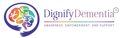 Logo for Dignify Dementia with a rainbow-colored brain held by hands, with text about awareness and support.