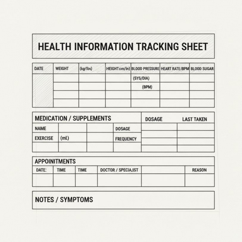 Medical information form with headings for provider, conditions, vaccines, medications, allergies, and hospitalizations.