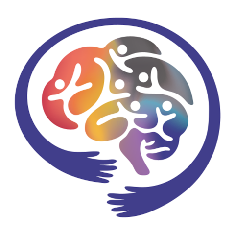 Brain with people cutouts, embraced by arms in a blue circle, vibrant colors.
