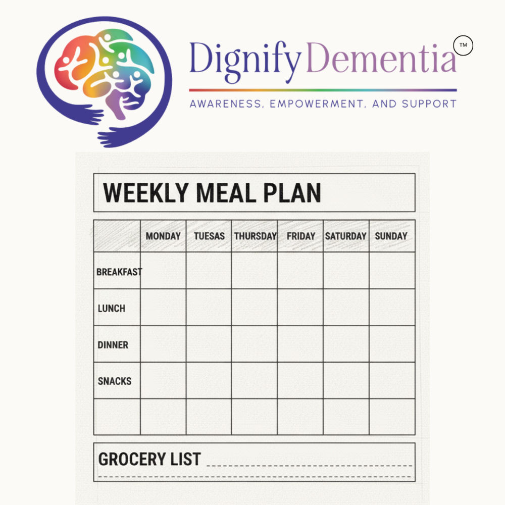 Weekly meal plan grid with space for meals and a grocery list.