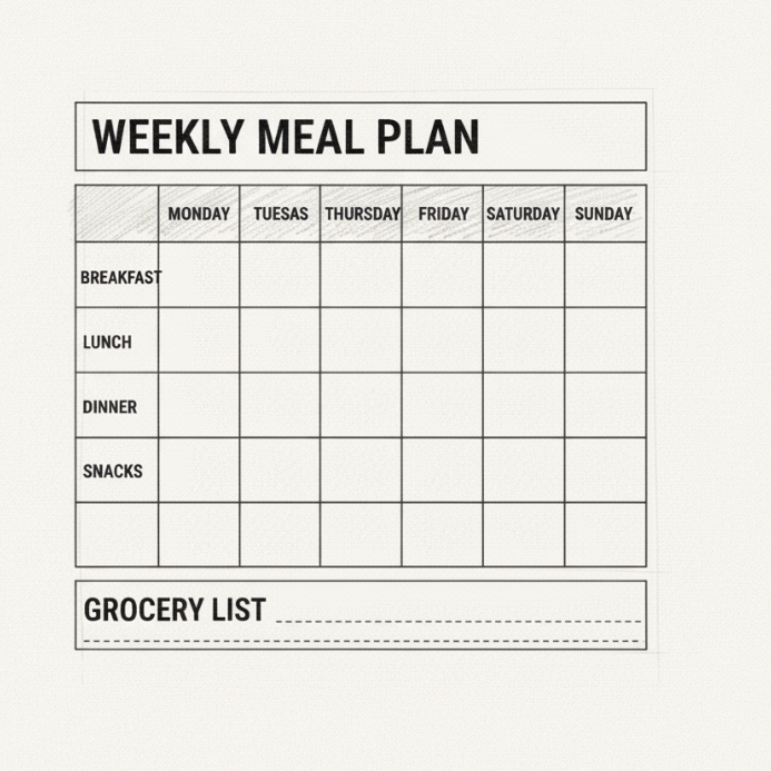 Meal planner with sections for breakfast, lunch, snack, and dinner; includes a quote about food as medicine.