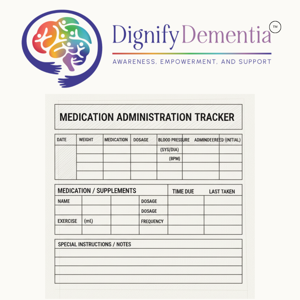 Medication administration tracker template with fields for date, medication, dosage, blood pressure, and notes.