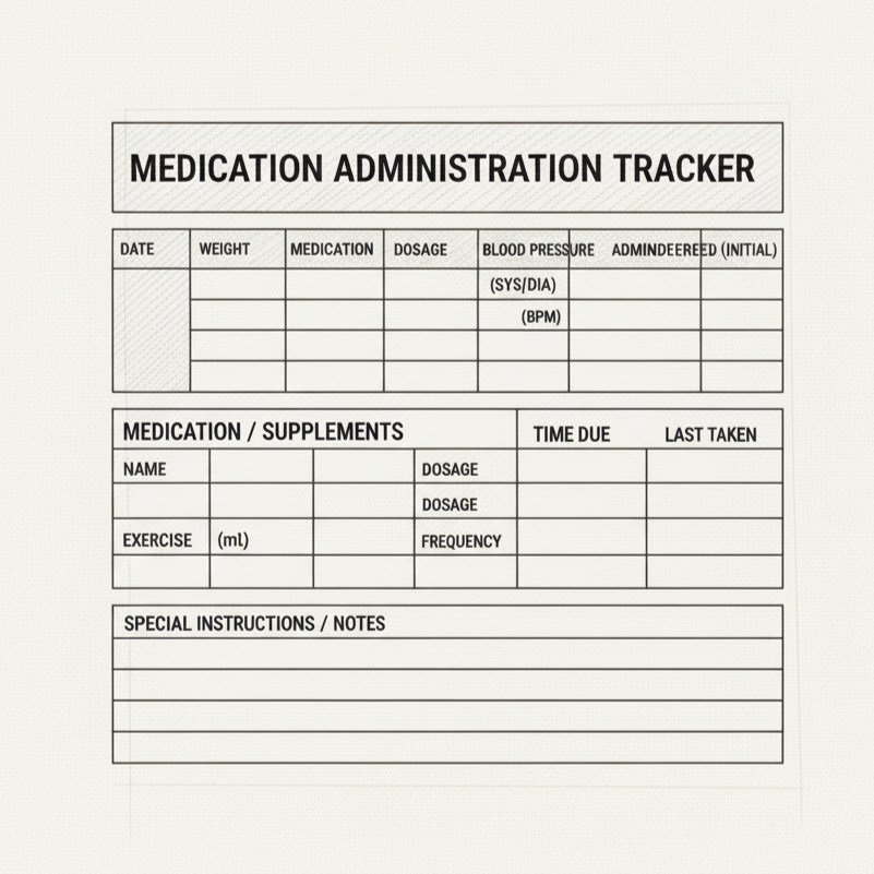 Medication tracking chart with columns for pain/anxiety medications and 