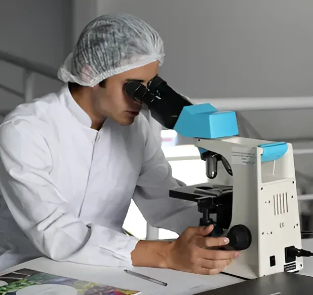 Man in lab coat and hairnet looking through a microscope.