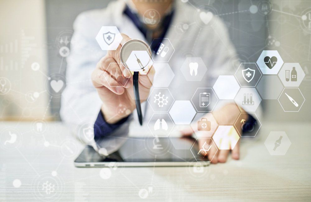 Medicine doctor is using modern computer virtual screen interface, medical technology network concept. EHP, EMR, Electronic health record