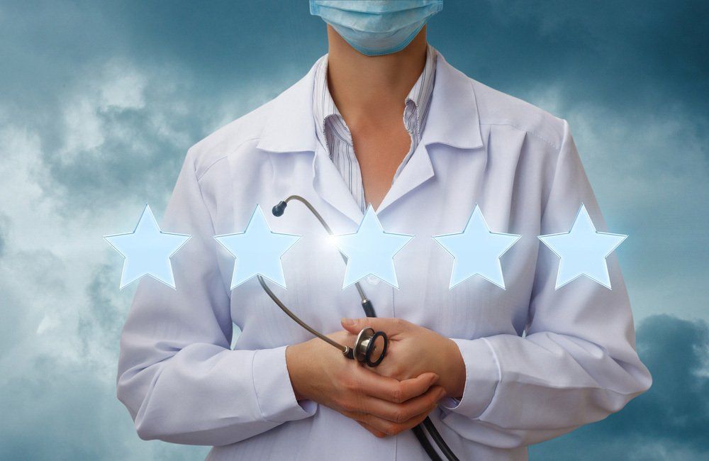Rating of doctors and medical professionals . Five stars on the background of the doctor