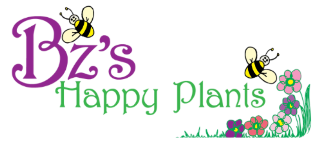 A logo for Bz's Happy Plants with bees and flowers