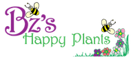 A logo for Bz's Happy Plants with bees and flowers