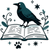 Decorative illustrated ornament with open book and raven