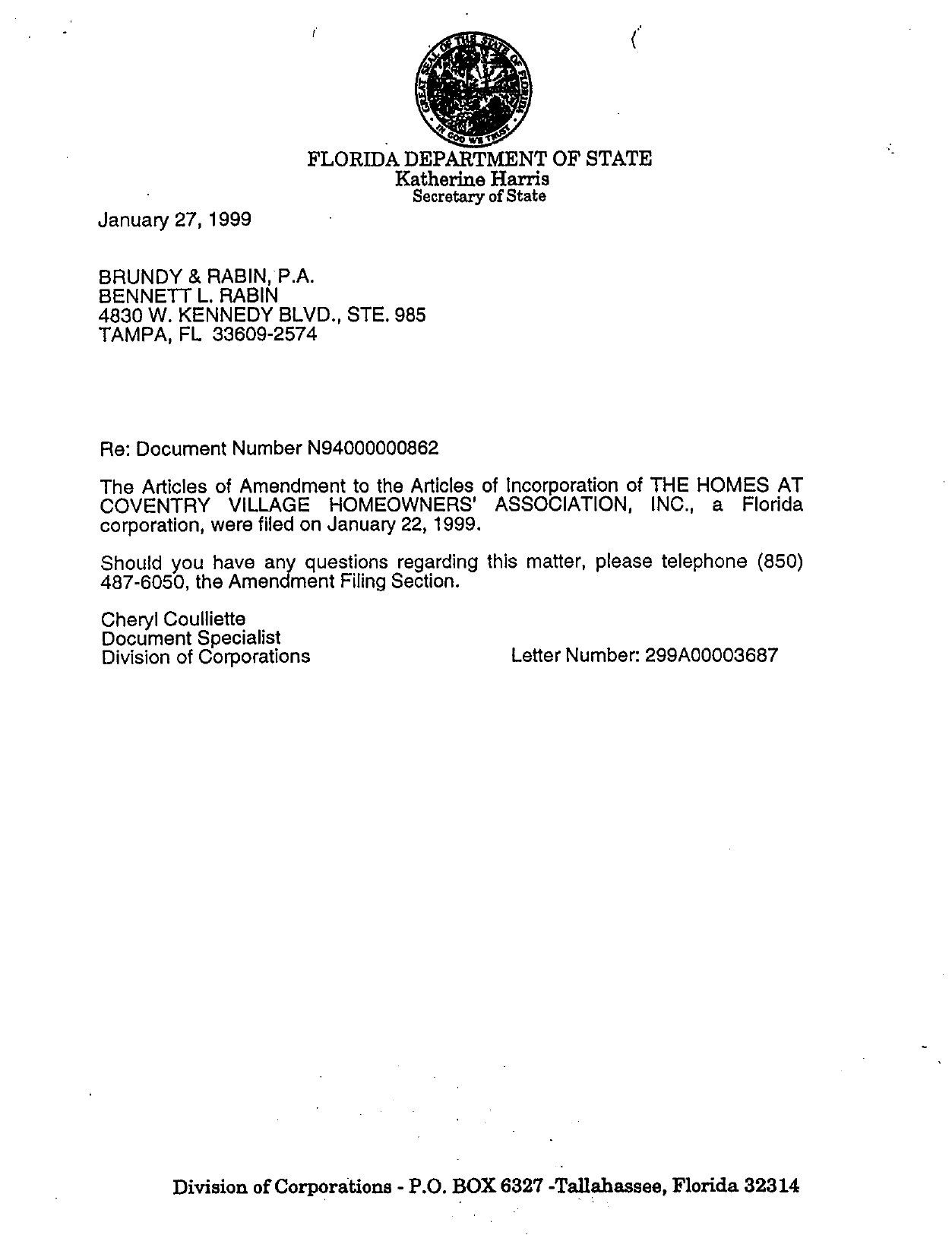 Certificate of Amendmant to Articles