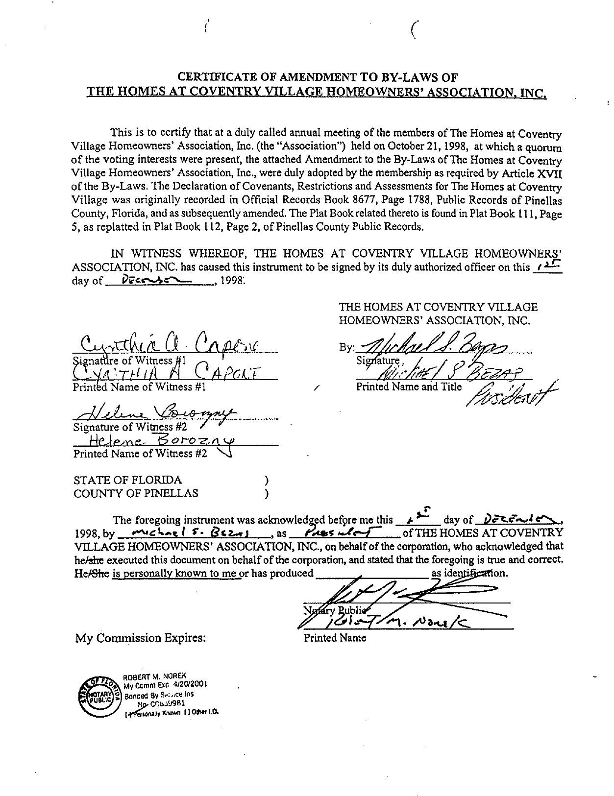 Certificate of Amendment to By-Laws