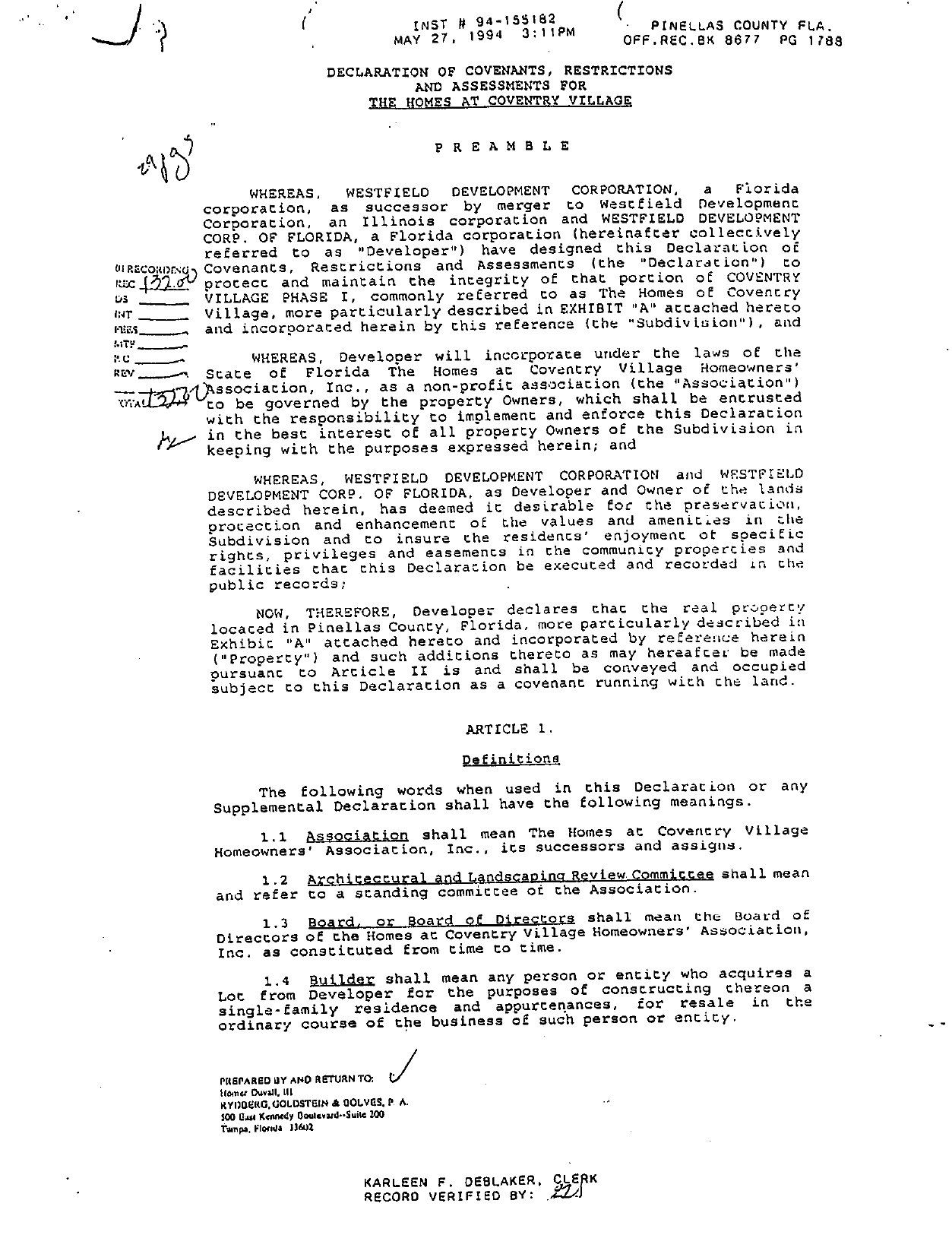 Declaration of Covenants Village 1