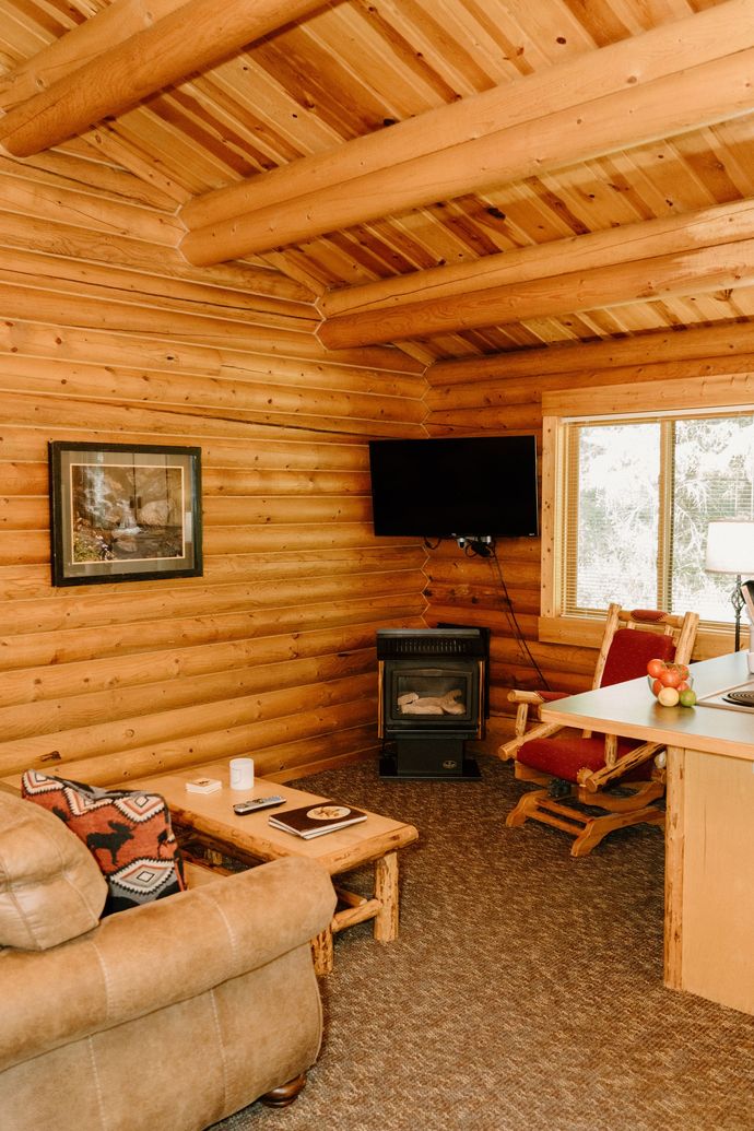 A living room in a log cabin with a couch , table and television.