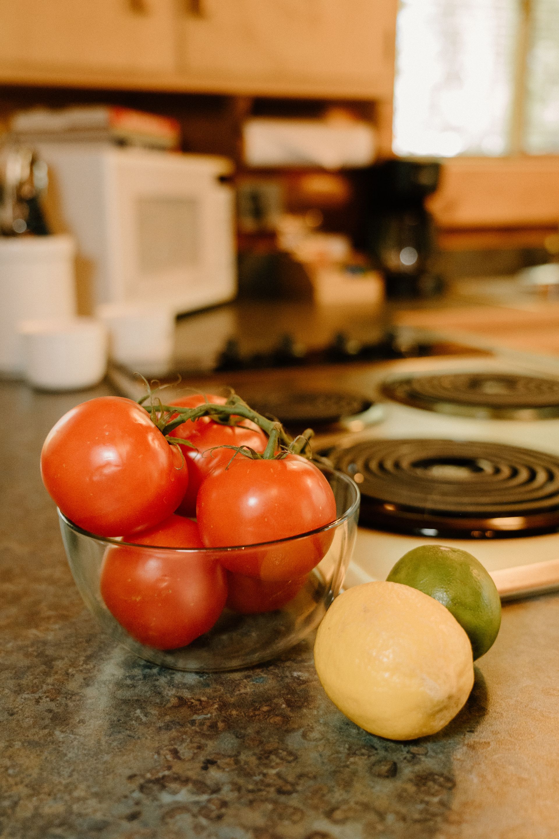 A bowl of tomatoes , lemons and limes on a kitchen counter.