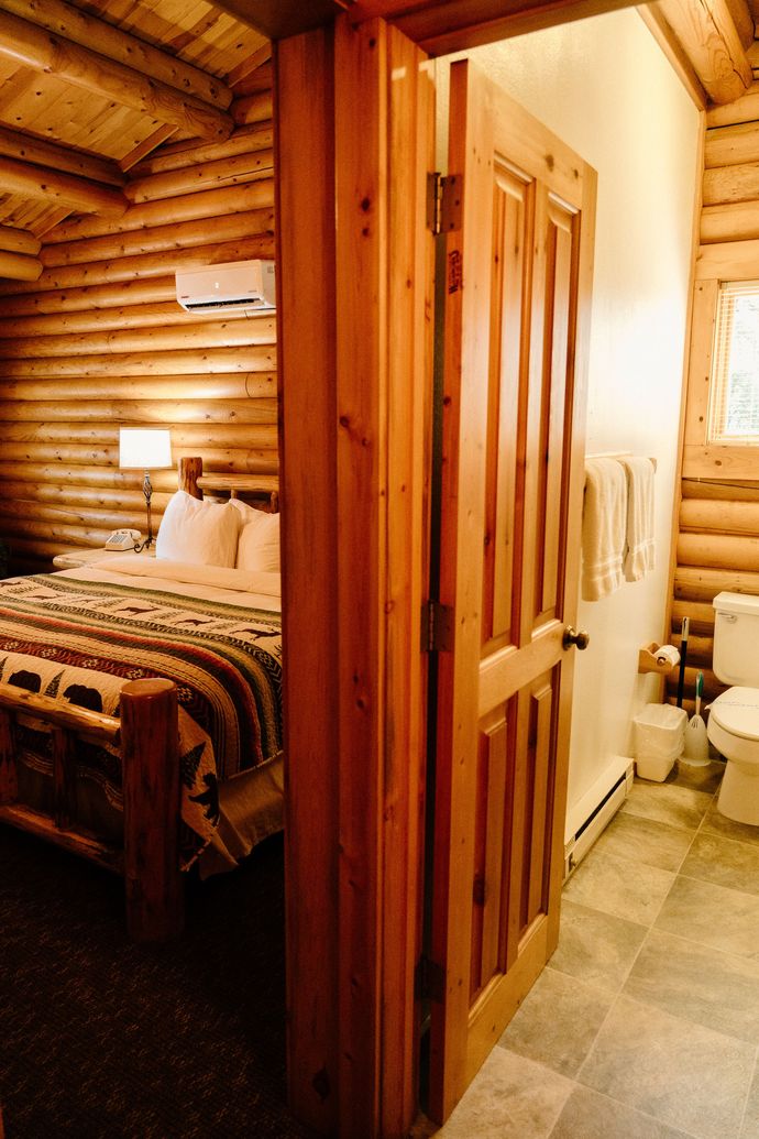 A bedroom in a log cabin with a bed and a toilet