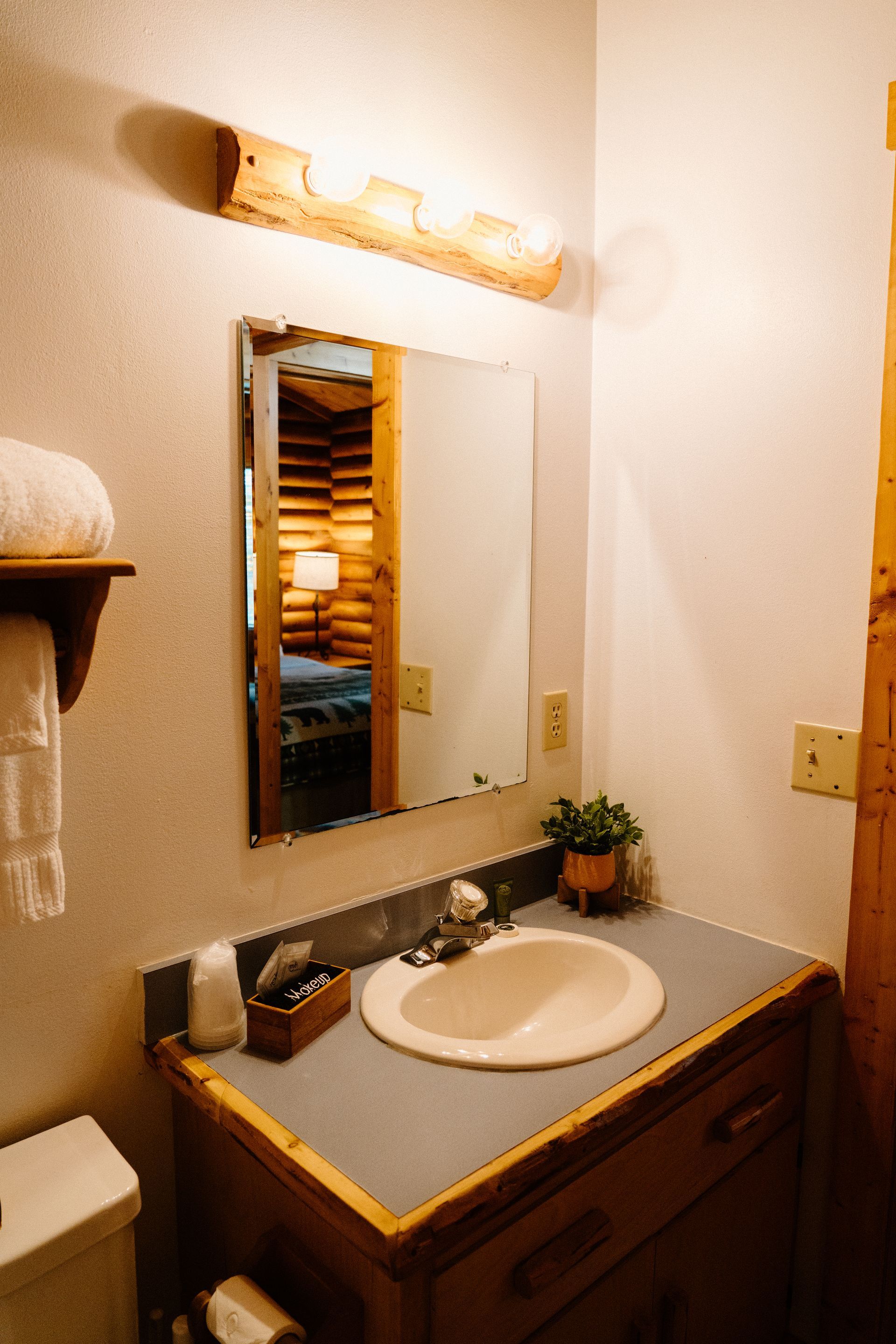 A bathroom with a sink , toilet and mirror.