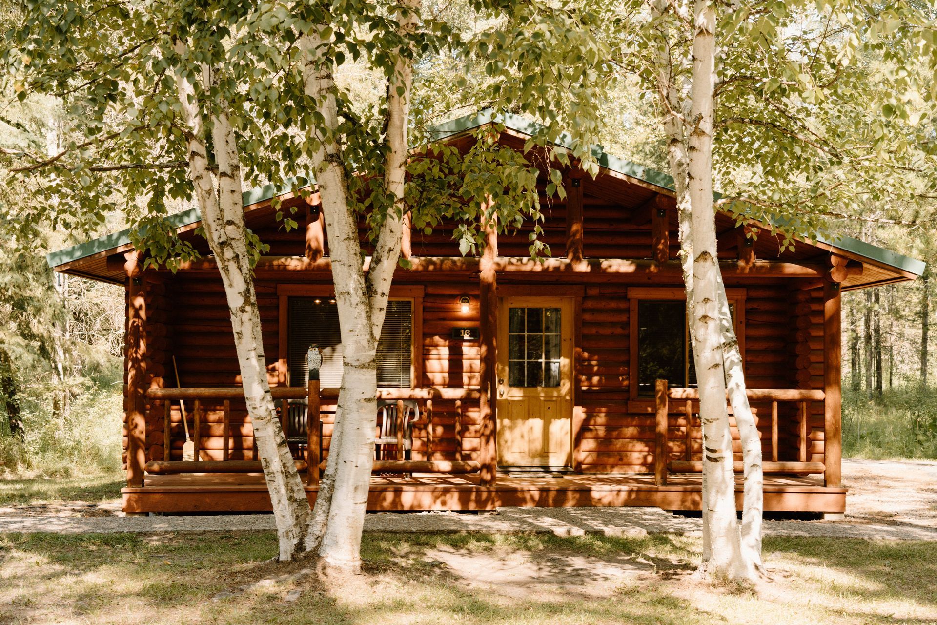 A log cabin surrounded by trees in the middle of a forest.