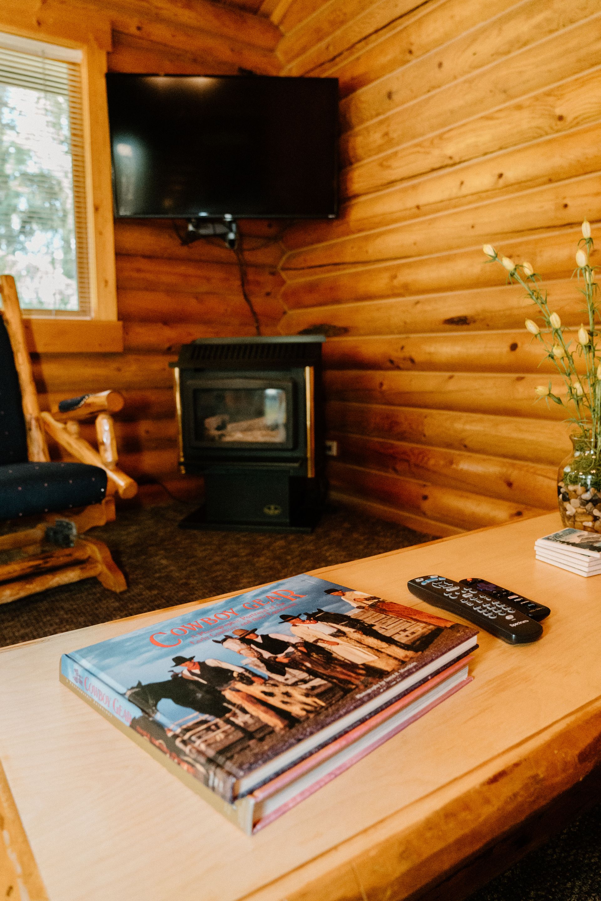 A living room in a log cabin with a book on a coffee table.