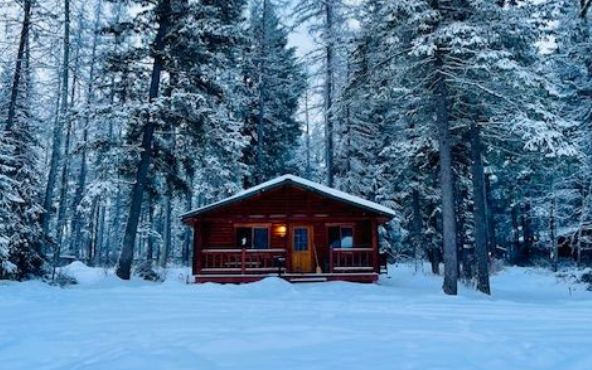 A large wooden house with a large porch in the middle of a forest.