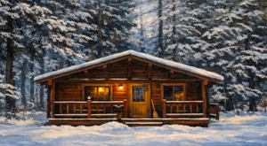 A large wooden house with a large porch in the middle of a forest.