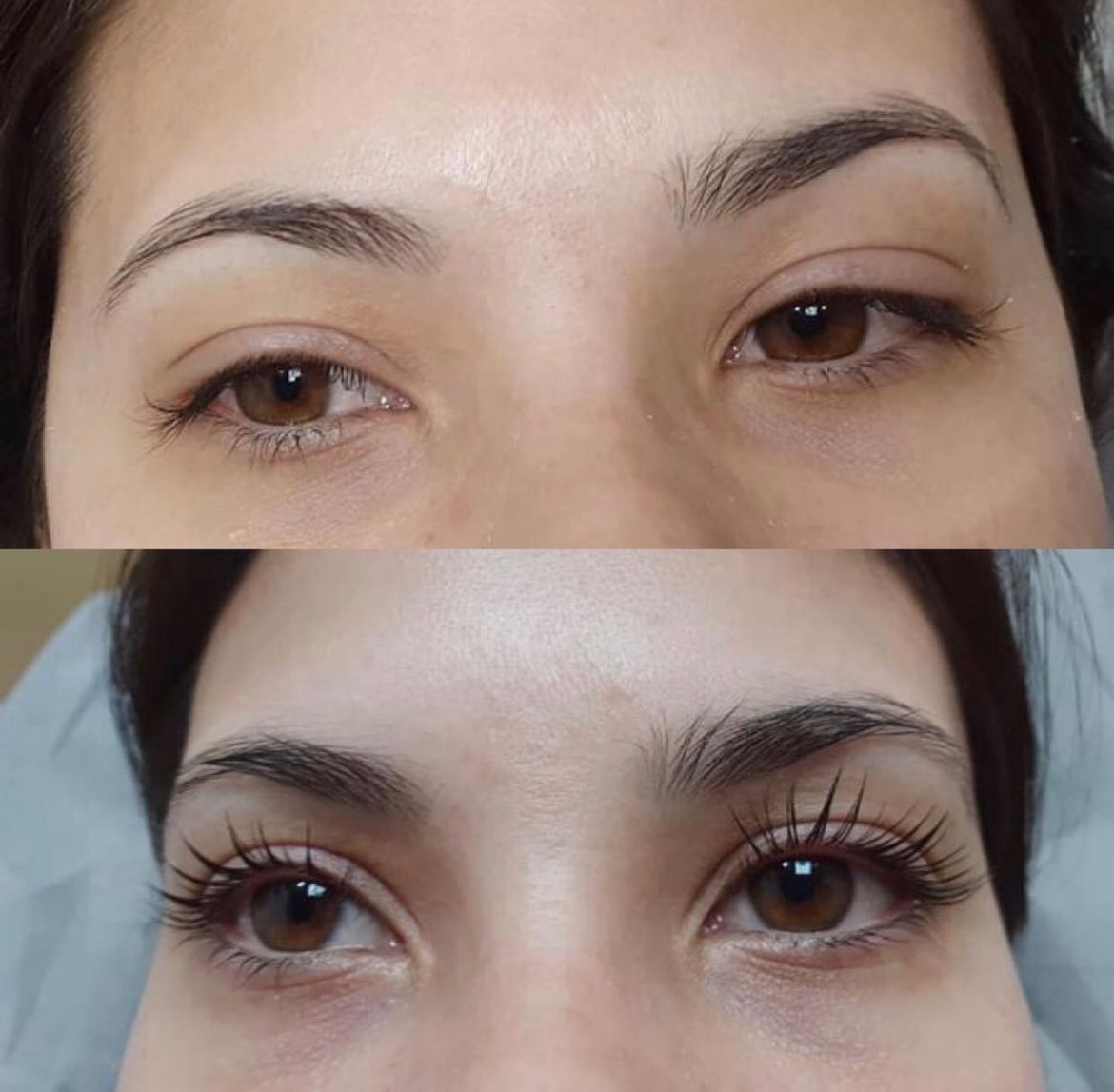 Antes y después de los ojos. Arriba: pestañas naturales. Abajo: pestañas levantadas y rizadas. Ojos marrones.