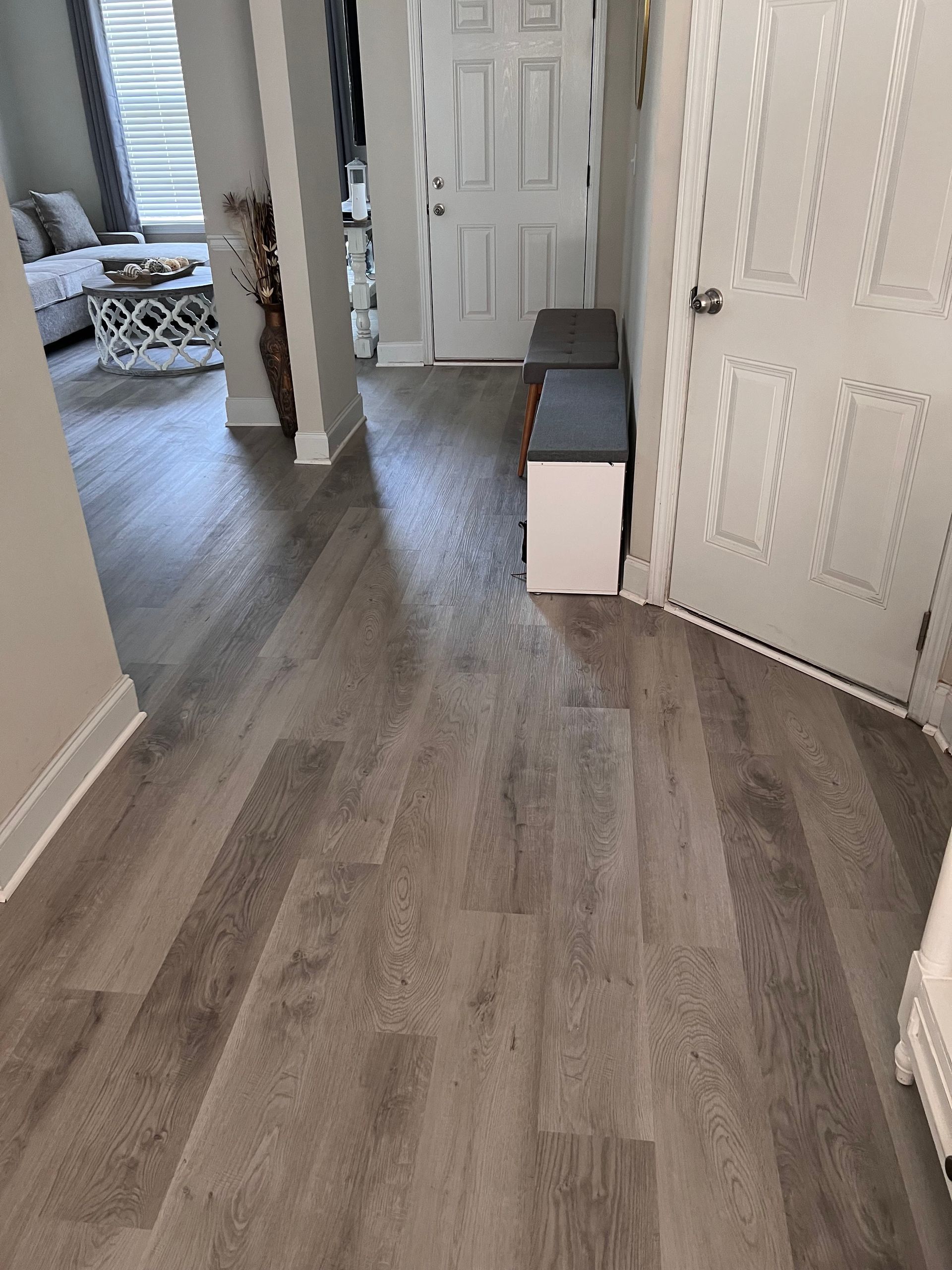 A hallway in a house with hardwood floors and white doors.
