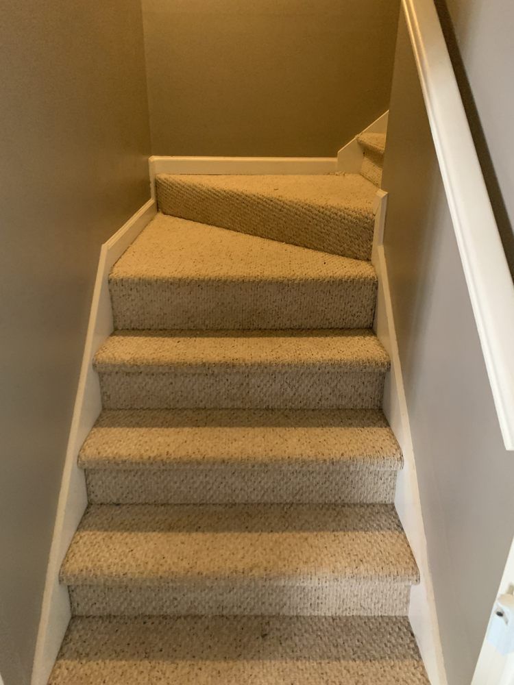 A set of stairs with carpeted steps and a white railing.