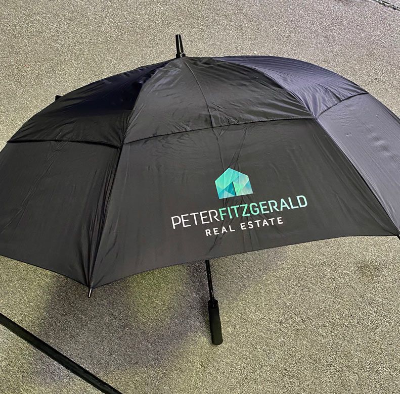 Black Umbrella With Printed Logo — Promotional Apparel In Shellharbour, NSW