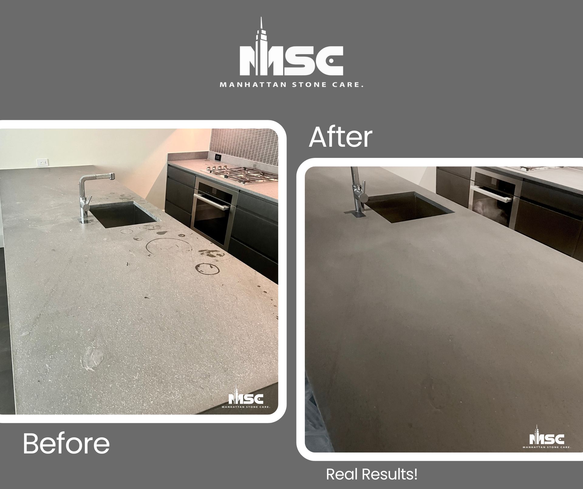 Natural Stone kitchen countertops in Manhattan, New York City. Restored back to new by Manhattan Stone Care.