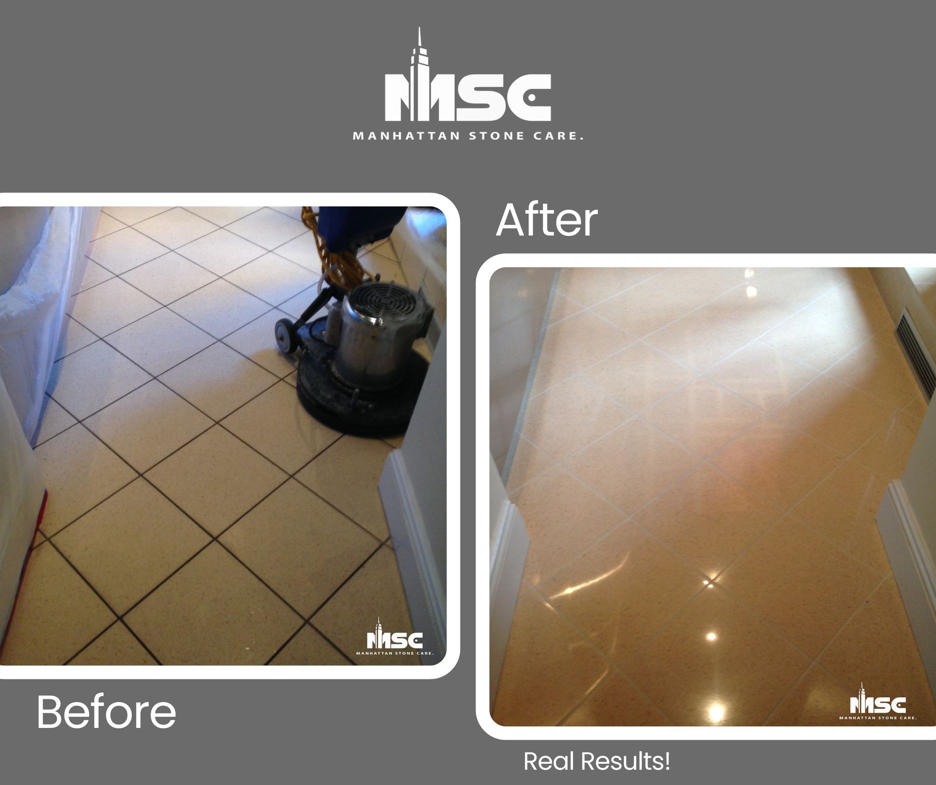 Before and after of a terrazzo tile kitchen floor that was restored by Manhattan Stone Care.