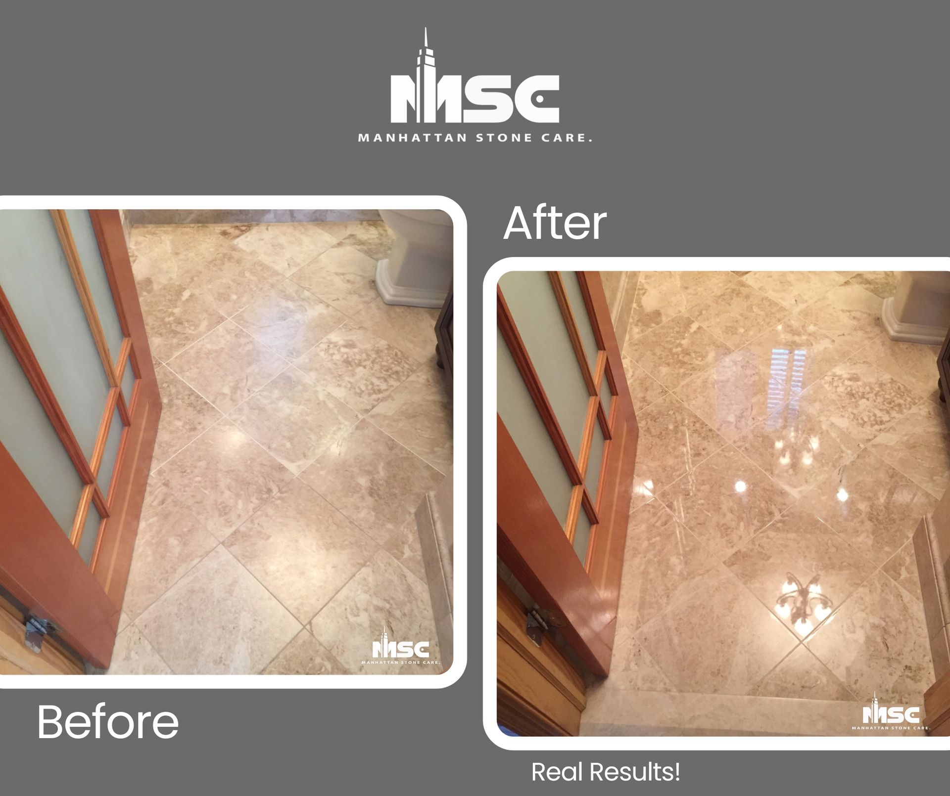 Before and after of a light brown marble bathroom floor that was restored by Manhattan Stone Care.