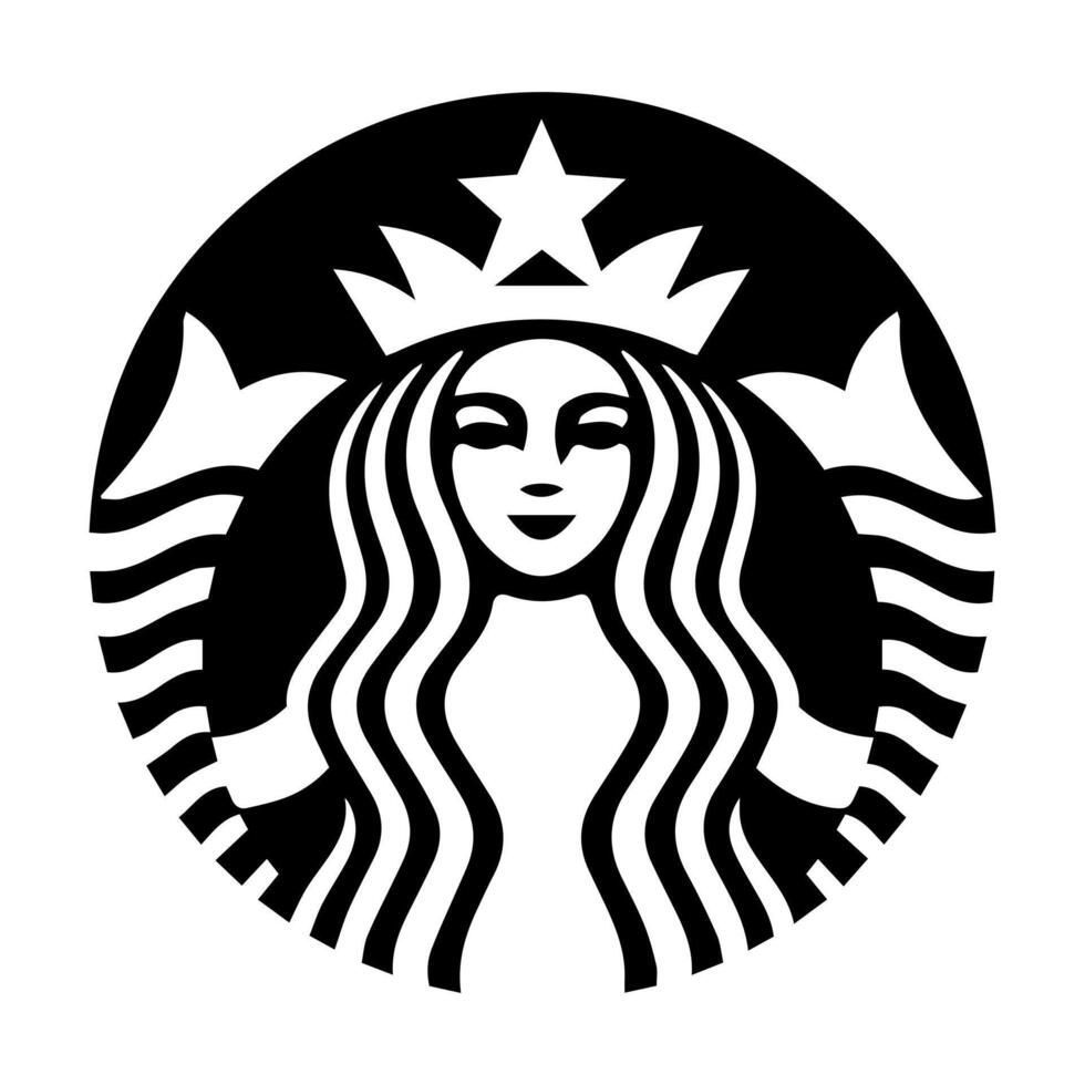 Starbucks logo: Green siren with long hair, crown, and star, within a black circle.