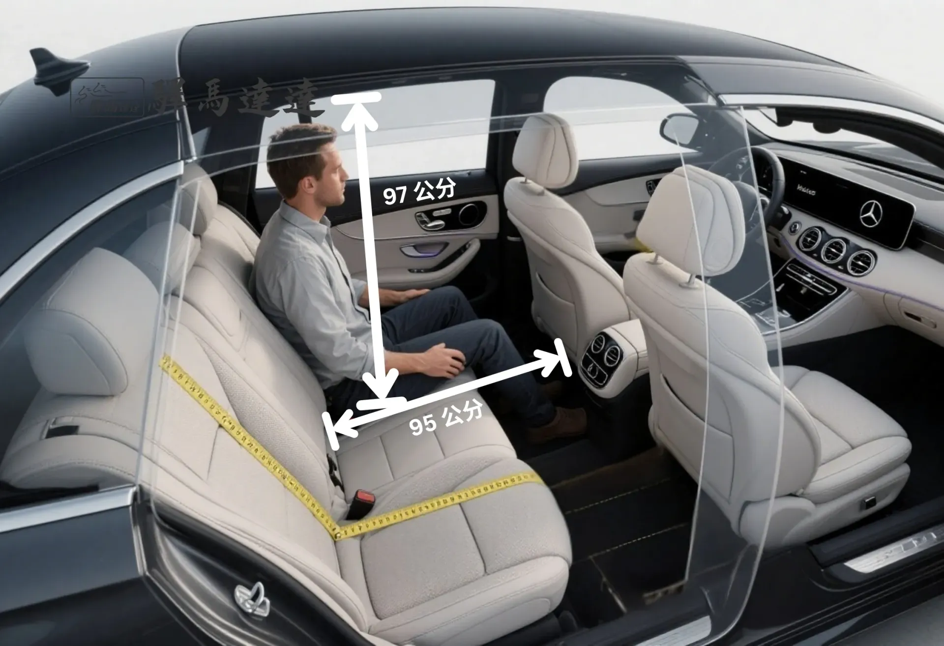 從鳥瞰角度拍攝的賓士 E300 車內全景,完整展示所有座位配置。一位成年男性坐在後排座椅上,用以示範腿部與頭部空間,並搭配標準公分刻度尺清楚標示出內部空間尺寸。畫面左上角顯示「驛馬達達」標誌。