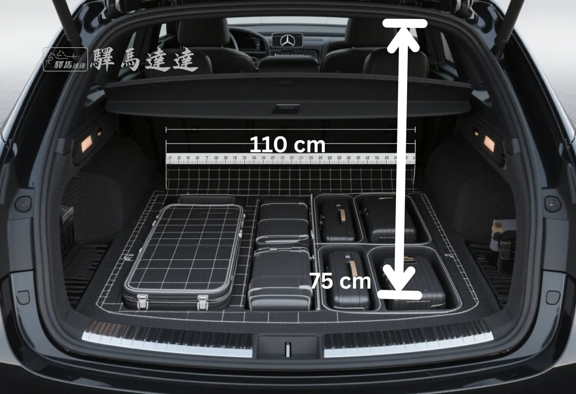 賓士 E300 車輛後車廂空間示意圖,搭配網格線標示原廠公布的標準深度與高度,並以標準公分刻度尺清楚顯示尺寸比例。同時展示車廂內可容納的最大行李箱組合數量與排列方式,直觀呈現其出色的收納容量。
畫面左上角顯示「驛馬達達」標誌。