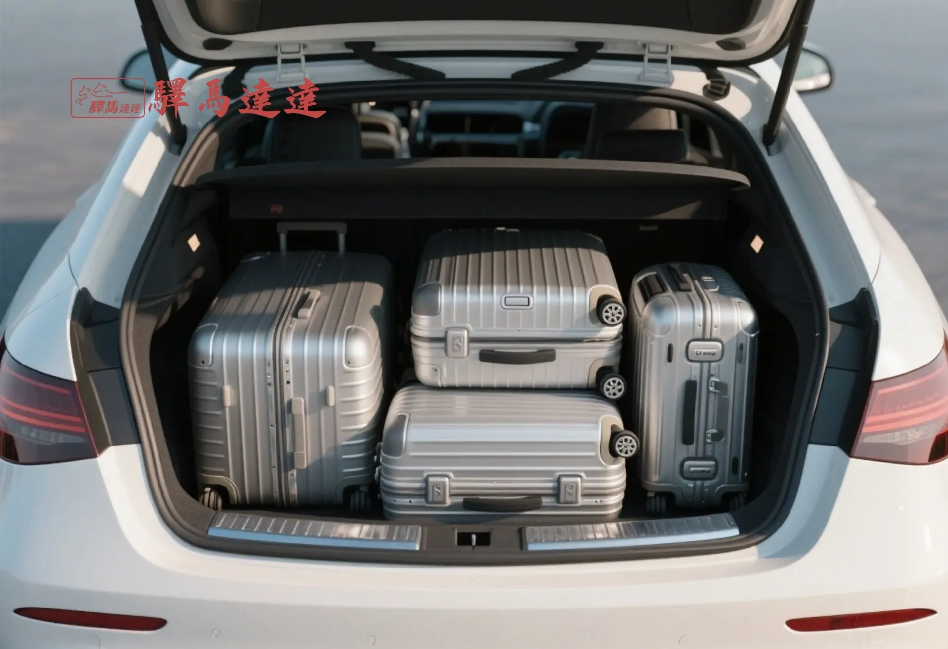 賓士 S350 後車廂滿載視角圖,行李區整齊擺放 4 個登機與托運行李箱(以 28 吋和 20 吋為主),展現高效裝載能力。背景為台灣山腳下的停車場,畫面左上角顯示「驛馬達達」標誌。
