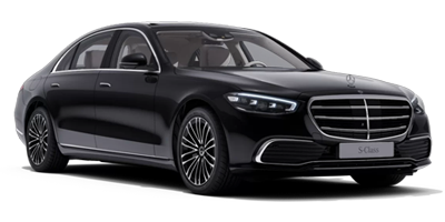 白色背景上顯示一輛黑色梅賽德斯奔馳 S 級車。