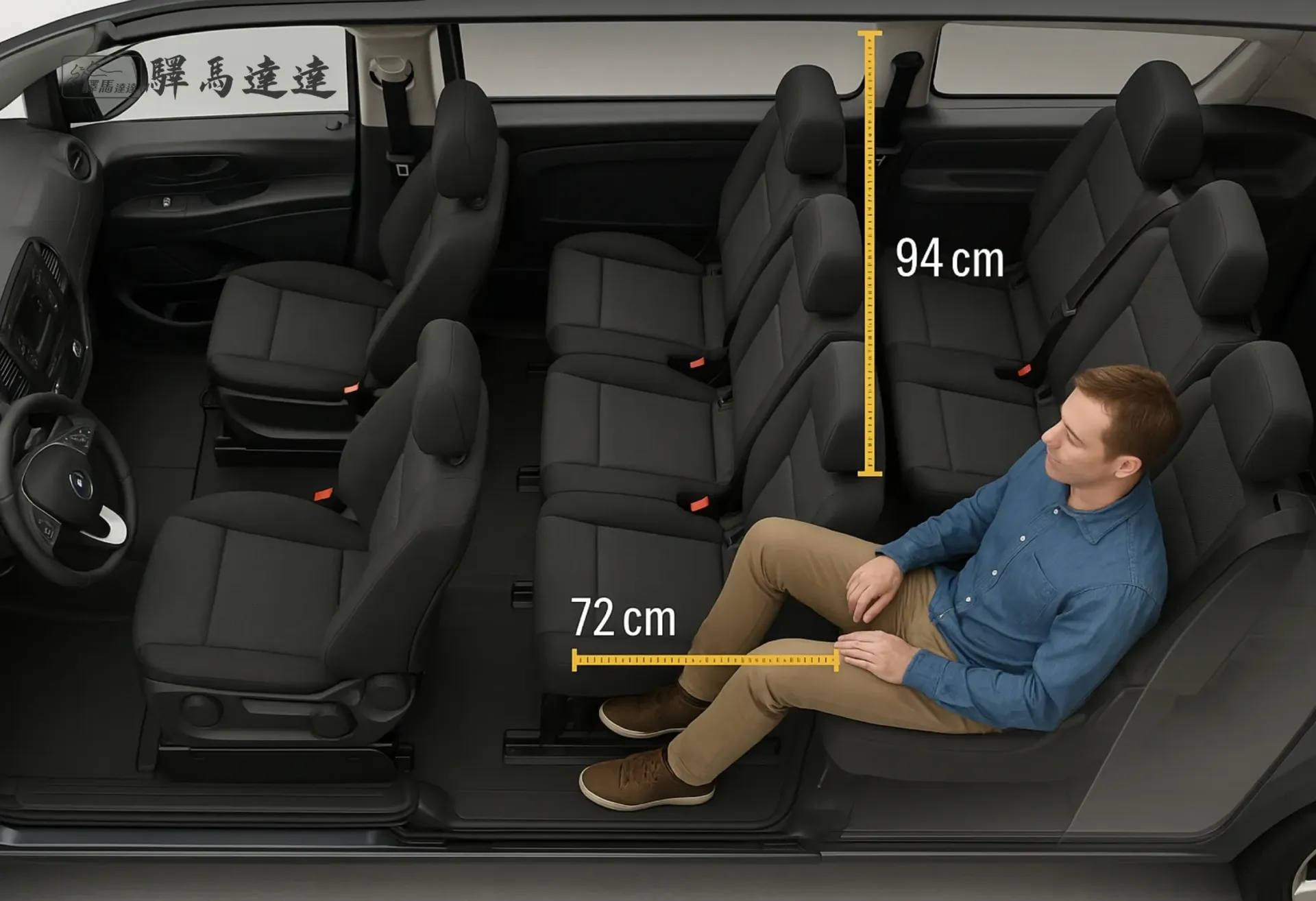 從鳥瞰角度拍攝的賓士 Vito Tourer 車內全景,完整展示所有座位配置。一位成年男性坐在後排座椅上,用以示範腿部與頭部空間,並搭配標準公分刻度尺清楚標示出內部空間尺寸。畫面左上角顯示「驛馬達達」標誌。