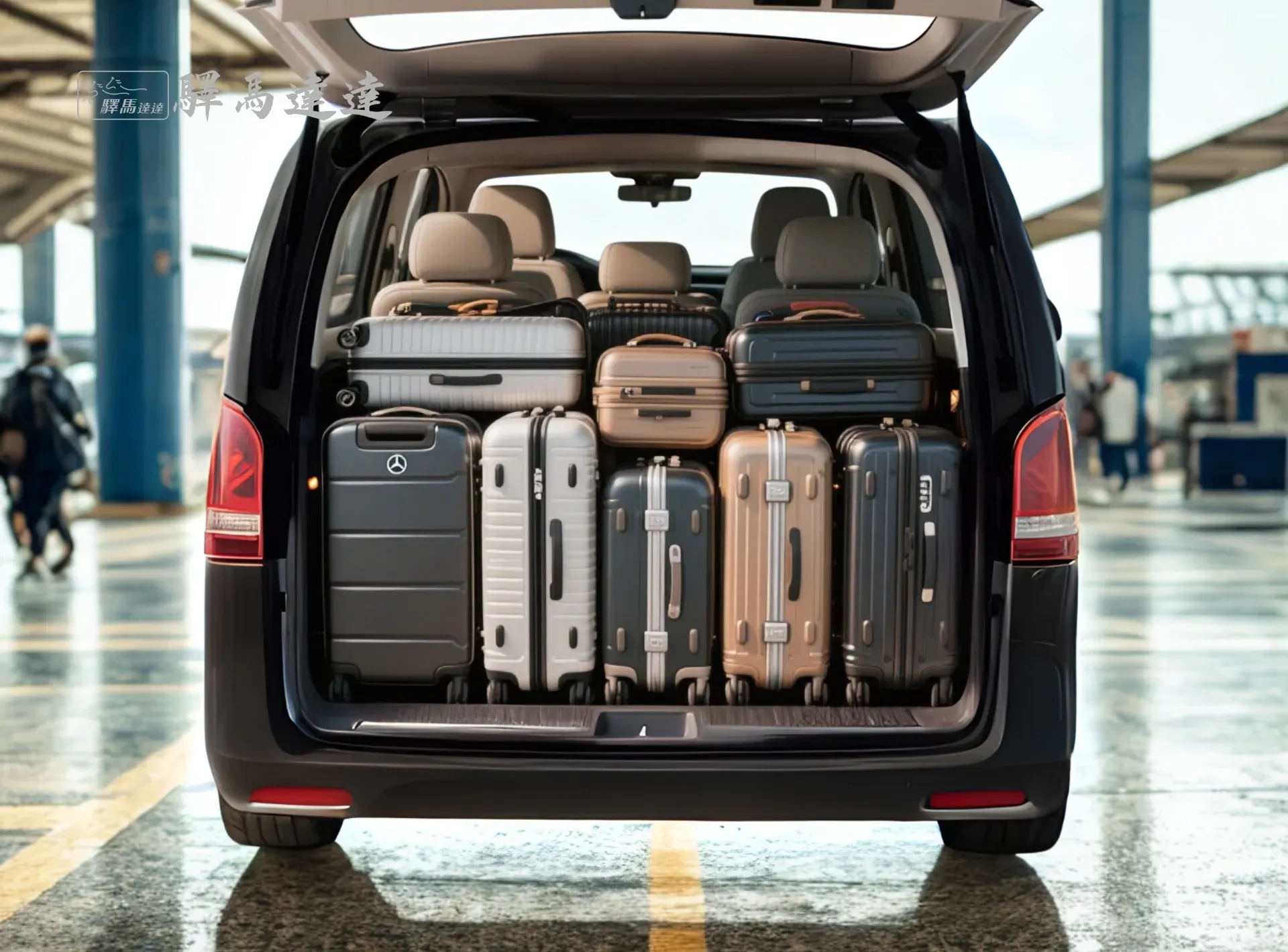 賓士 Vito Tourer 後車廂滿載視角圖,行李區整齊擺放 8 個登機與托運行李箱(以 28 吋和 20 吋為主),展現高效裝載能力。背景為台灣機場,畫面左上角顯示「驛馬達達」標誌。
