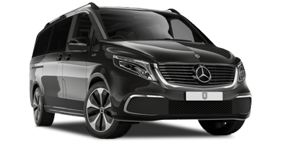 白色背景上顯示一輛黑色賓士麵包車。