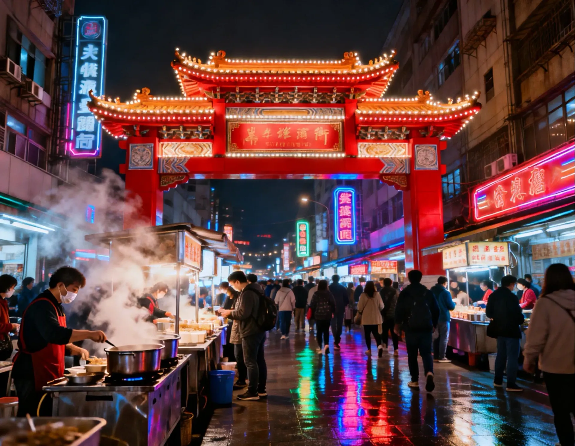 華西街觀光夜市著名的中式宮殿紅牌樓,在夜晚燈火通明。這裡曾是傳奇的蛇街,現已轉型為匯聚米其林必比登推薦美食的熱鬧觀光夜市,展現了萬華在地飲食文化與熱鬧喧騰的夜生活魅力。