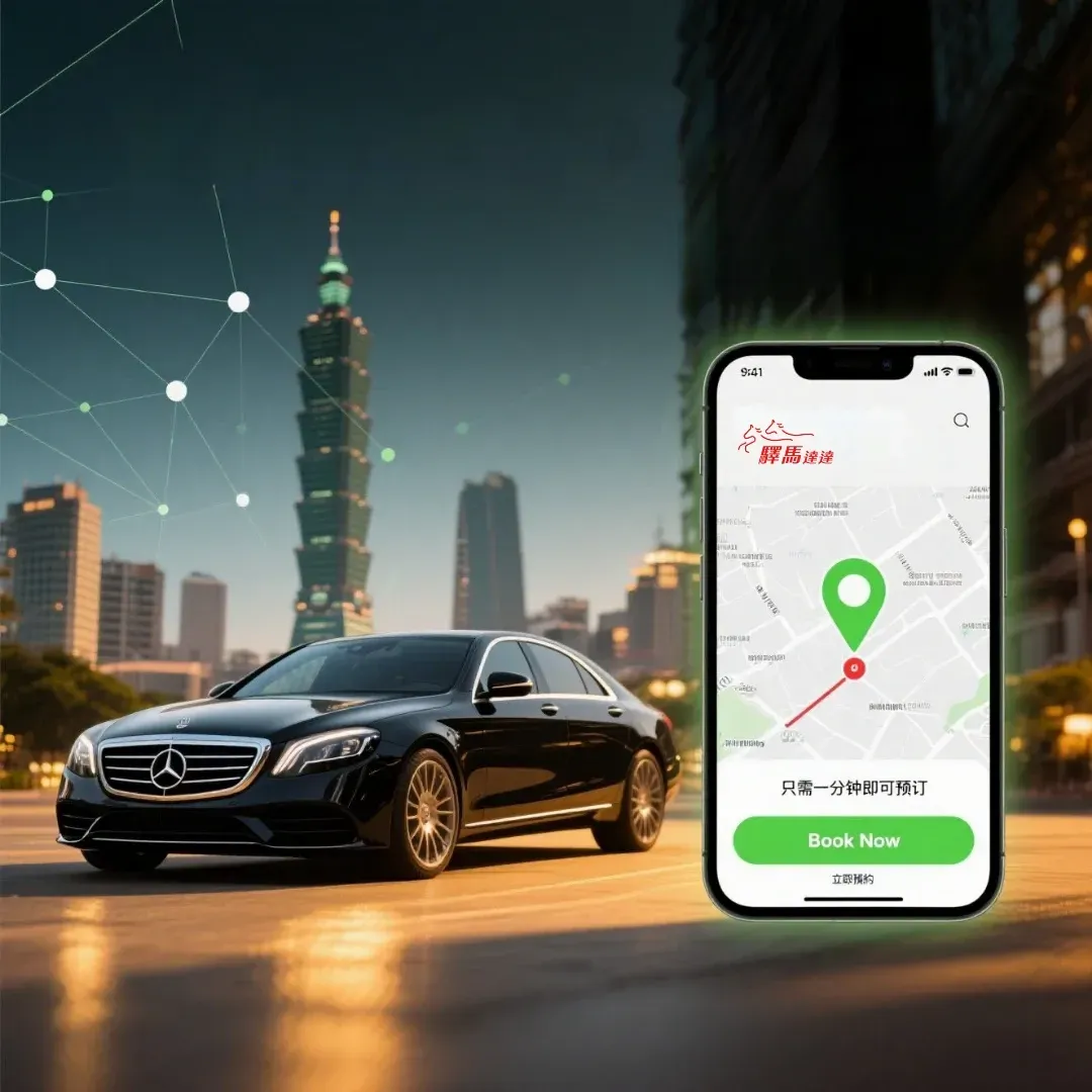 驛馬達達台灣叫車服務橫幅圖，展示一輛高速行駛的現代電動車，以及一個簡潔的 APP 預約介面。此圖強調線上預約車輛的快速與便利性，背景融入台北城市夜景，象徵台灣租車服務。
