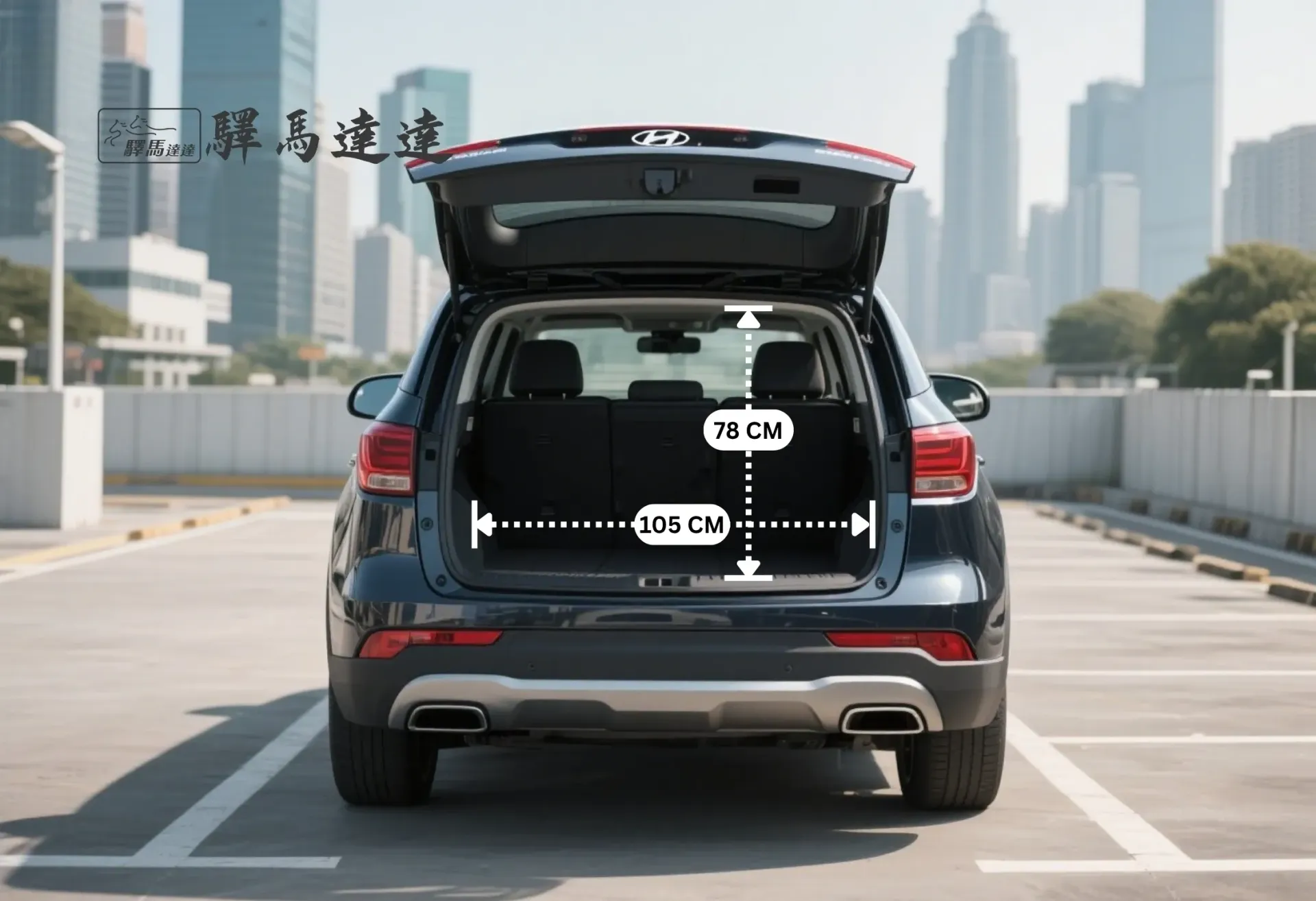 現代Santa Fe 車輛後車廂空間示意圖,以標準公分刻度尺清楚顯示尺寸比例。同時展示車廂內可容納的最大行李箱組合數量,直觀呈現其出色的收納容量。畫面左上角顯示「驛馬達達」標誌。