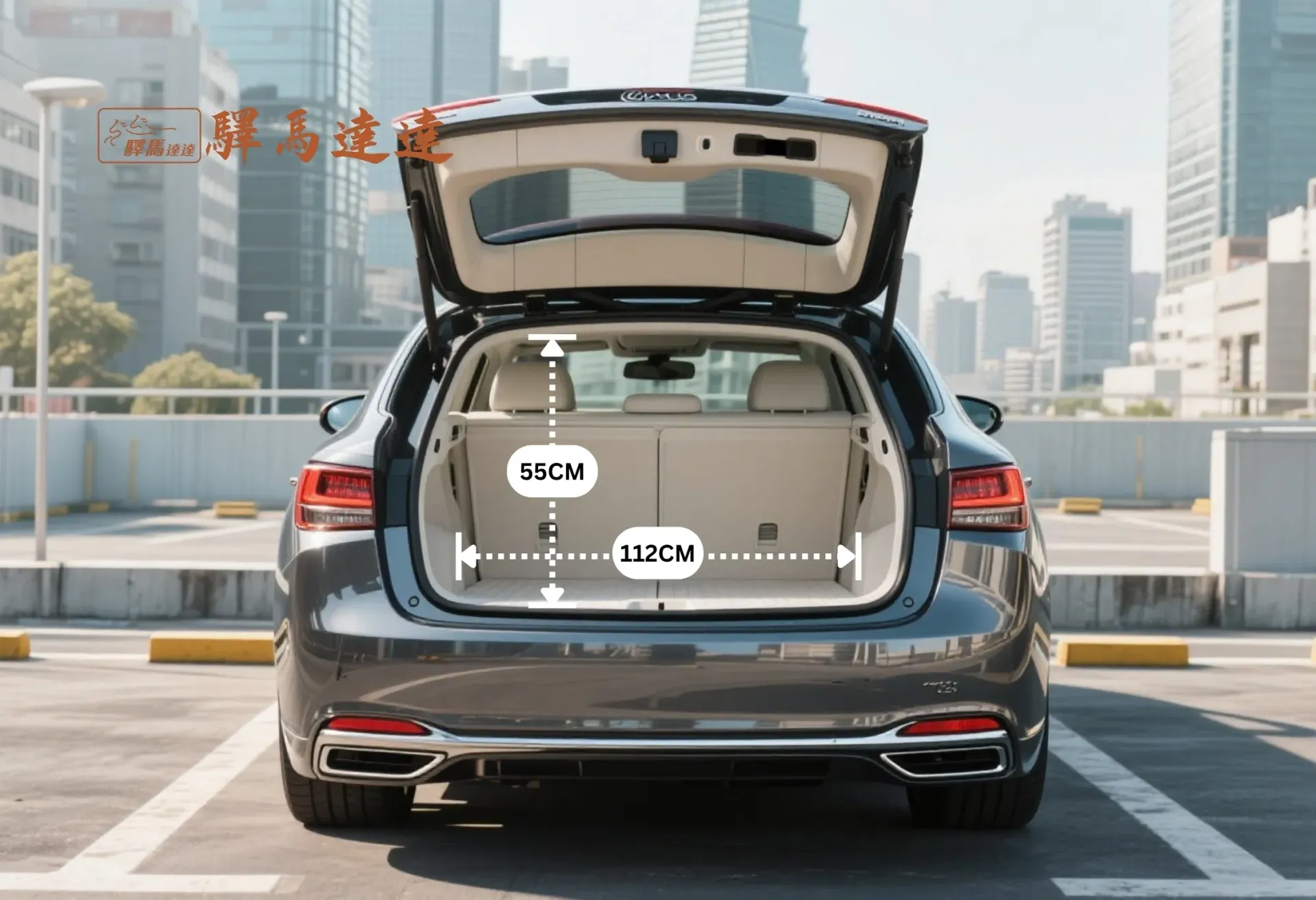 凌志 LS 車輛後車廂空間示意圖,以標準公分刻度尺清楚顯示尺寸比例。同時展示車廂內可容納的最大行李箱組合數量,直觀呈現其出色的收納容量。畫面左上角顯示「驛馬達達」標誌。