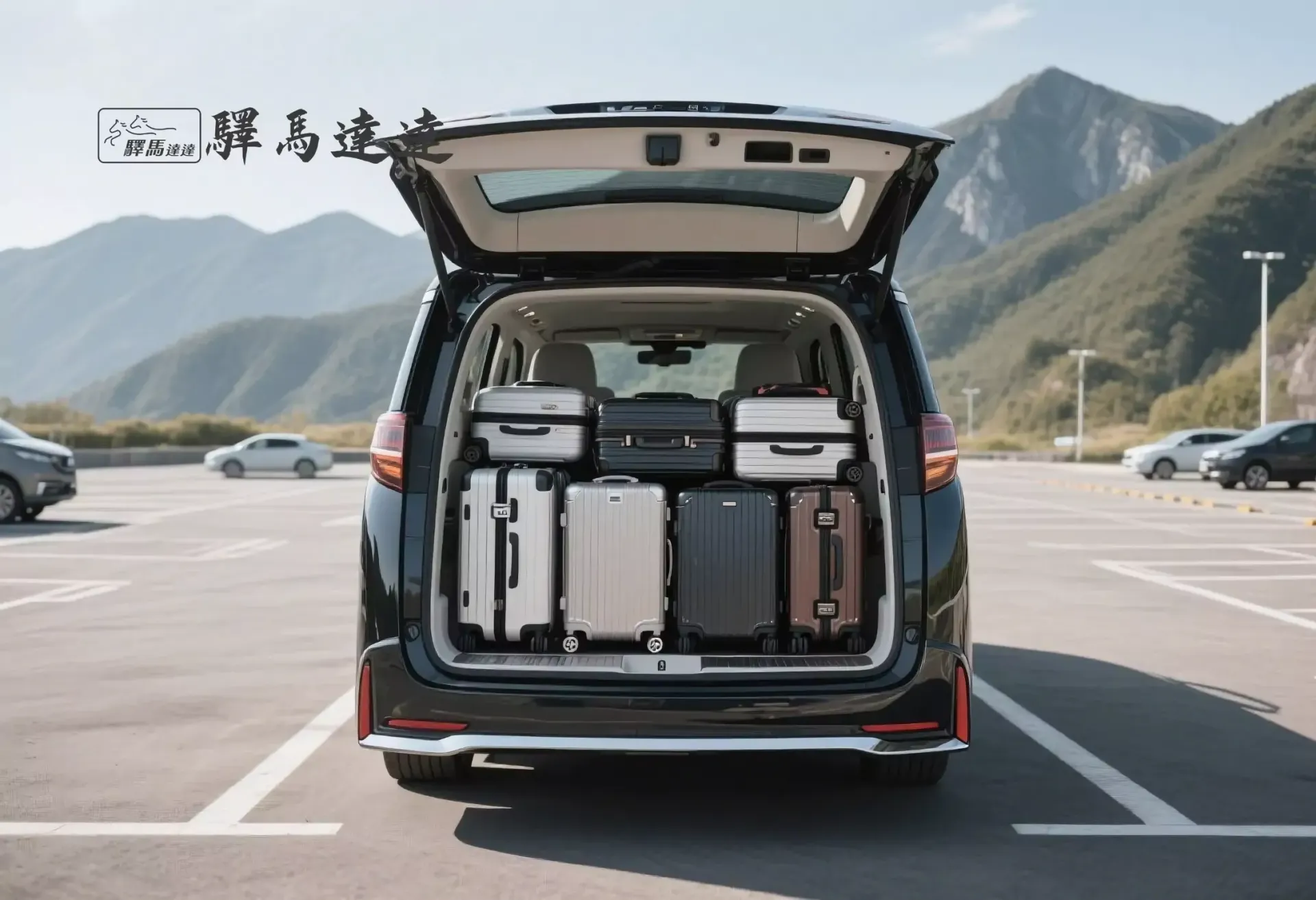 凌志 LM300h 後車廂滿載視角圖,行李區整齊擺放 7 個登機與托運行李箱(以 28 吋和 20 吋為主),展現高效裝載能力。背景為台灣山腳下的停車場,畫面左上角顯示「驛馬達達」標誌。