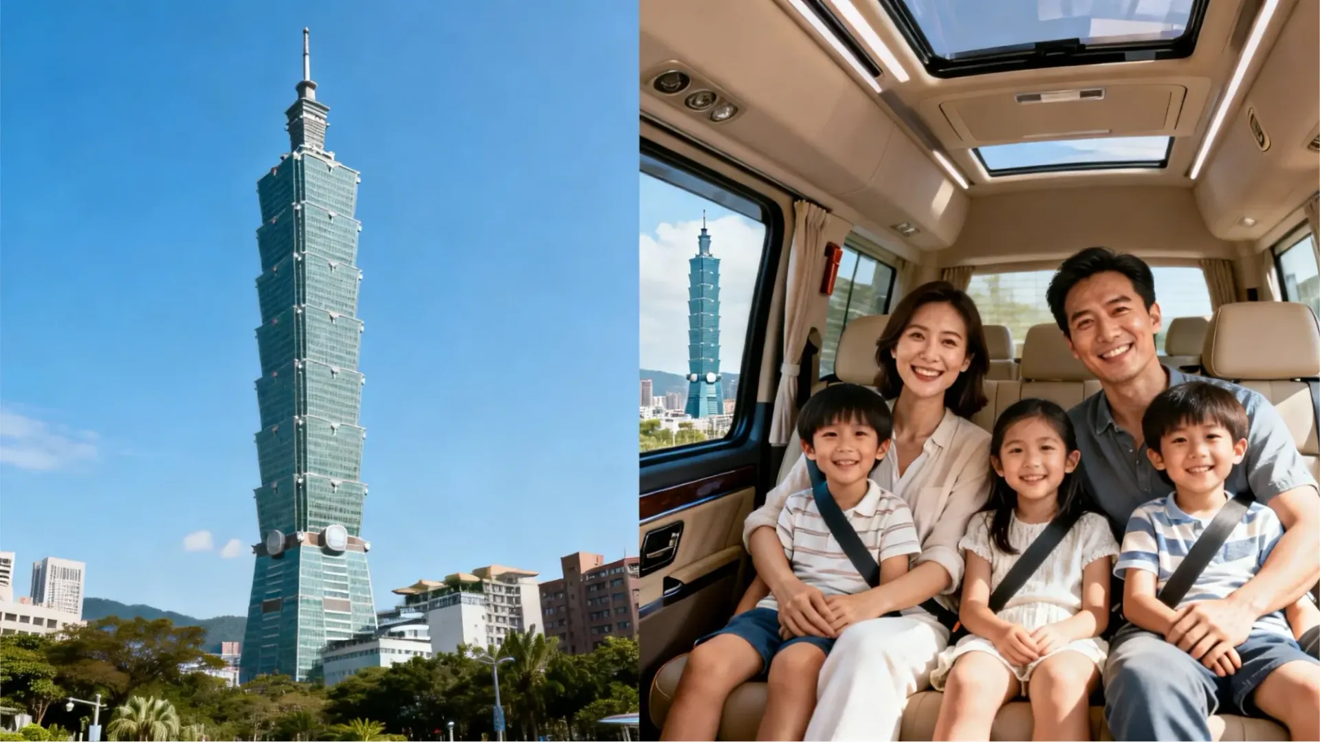 台北101旅遊攻略封面圖，結合地標建築外觀與遊客搭乘舒適包車的快樂情境，強調輕鬆遊覽信義區的體驗。