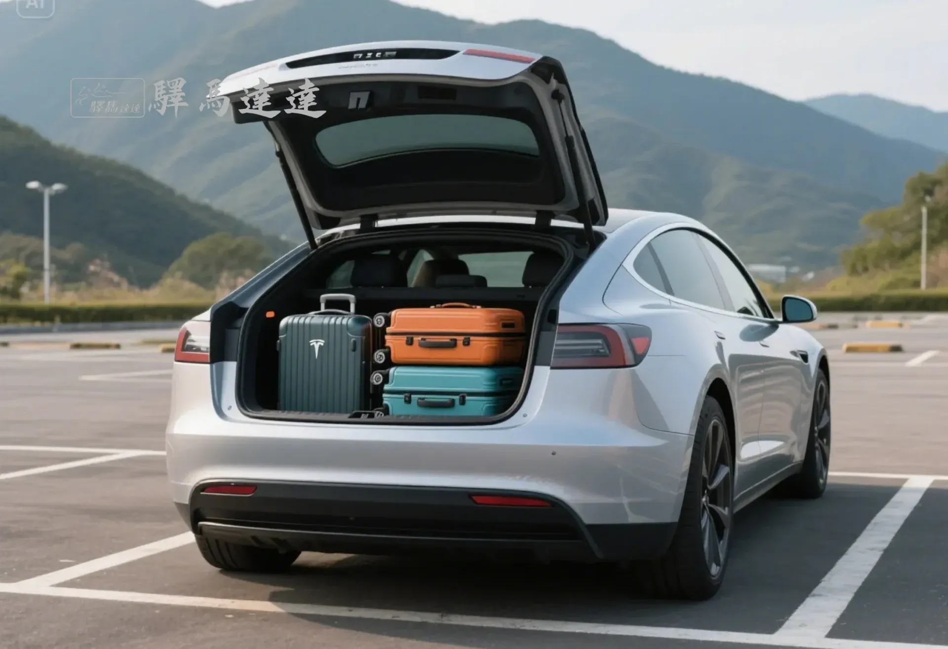 特斯拉 Model S 後車廂滿載視角圖,行李區整齊擺放 3 個登機與托運行李箱(以 28 吋和 20 吋為主),展現高效裝載能力。背景為台灣山腳下的停車場,畫面左上角顯示「驛馬達達」標誌。