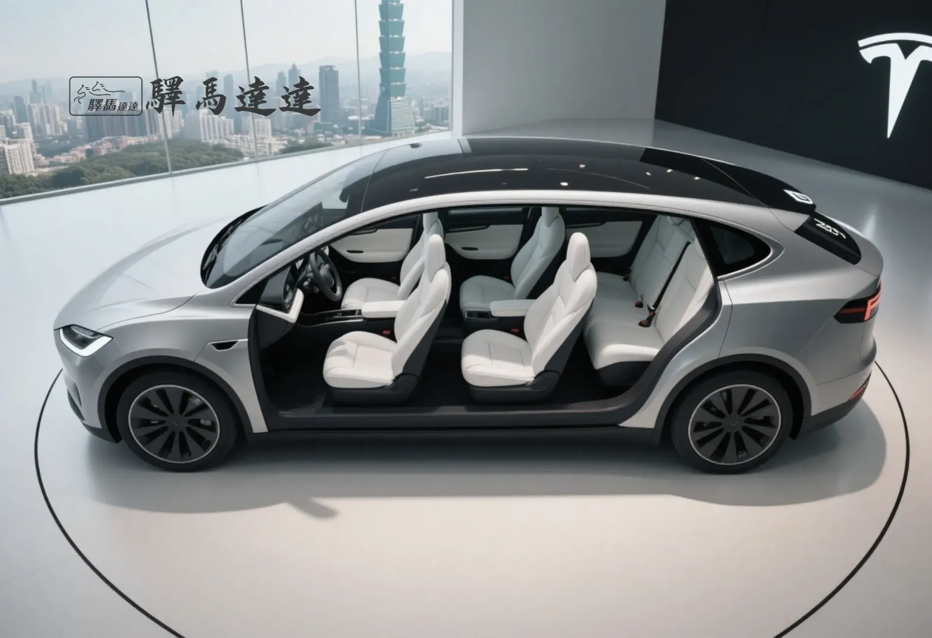 特斯拉 Model X車內寬角側視圖,呈現前排與後排座椅,座椅之間的間距清晰可見。畫面左上角顯示「驛馬達達」標誌。