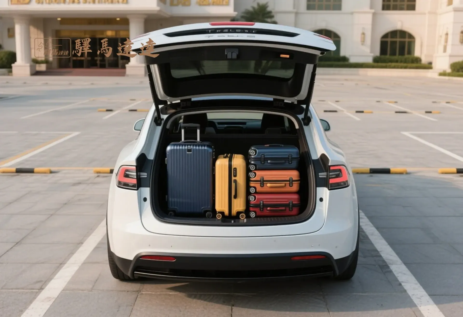 特斯拉 Model X 後車廂滿載視角圖,行李區整齊擺放 5 個登機與托運行李箱(以 28 吋和 20 吋為主),展現高效裝載能力。背景為台灣飯店停車場,畫面左上角顯示「驛馬達達」標誌。