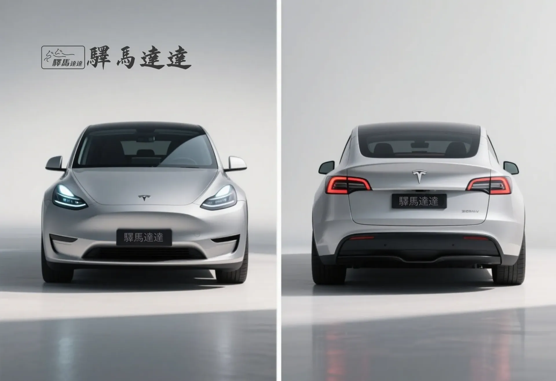 分割畫面圖像,呈現一輛特斯拉 Model Y 的兩個視角:左側為正面視角,右側為車尾視角,強調其流線型的尾燈設計,並細緻展現水箱護罩、LED 頭燈與品牌標誌。整體畫面突顯出商務風範的洗練與優雅設計感。畫面左上角顯示「驛馬達達」標誌。